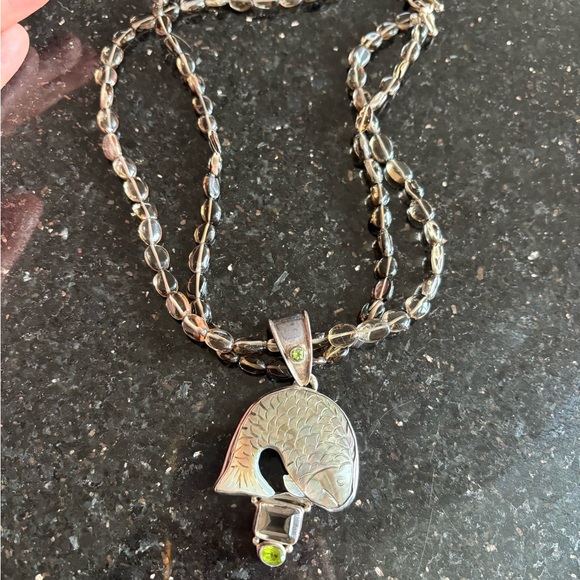 925 Sterling Silver Chunky Glass Bead Chain Mother of Pearl Fish Pendant Necklac - Picture 4 of 10